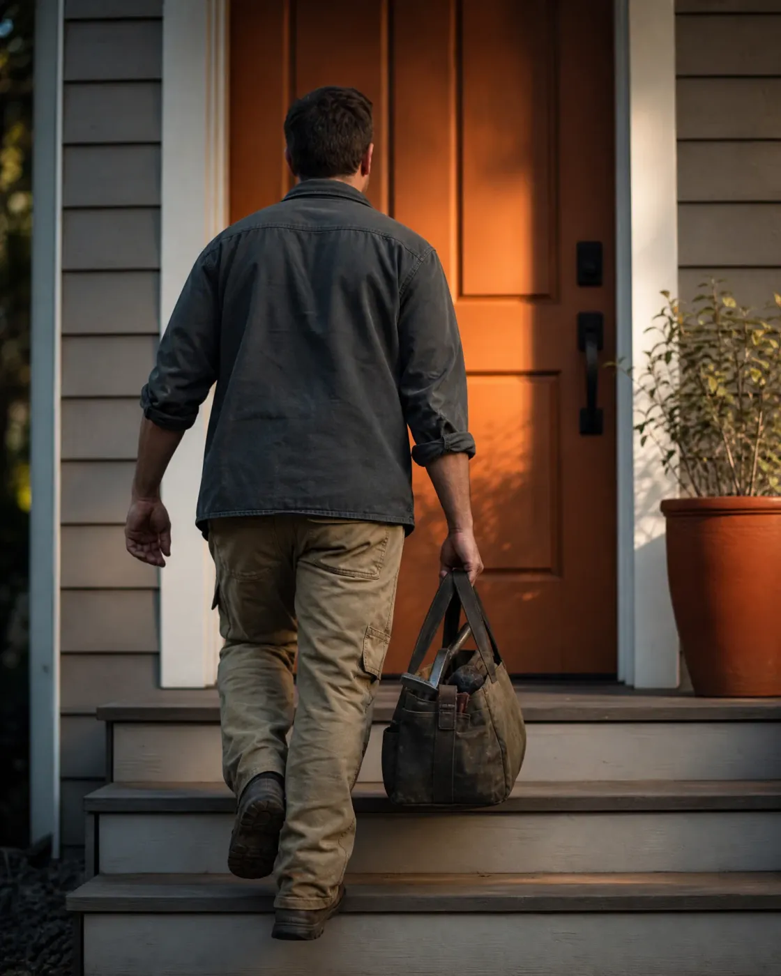 A man in a dark shirt and tan work pants carries a waxed canvas bag up wooden porch steps toward an orange front door, with a potted shrub to the right.