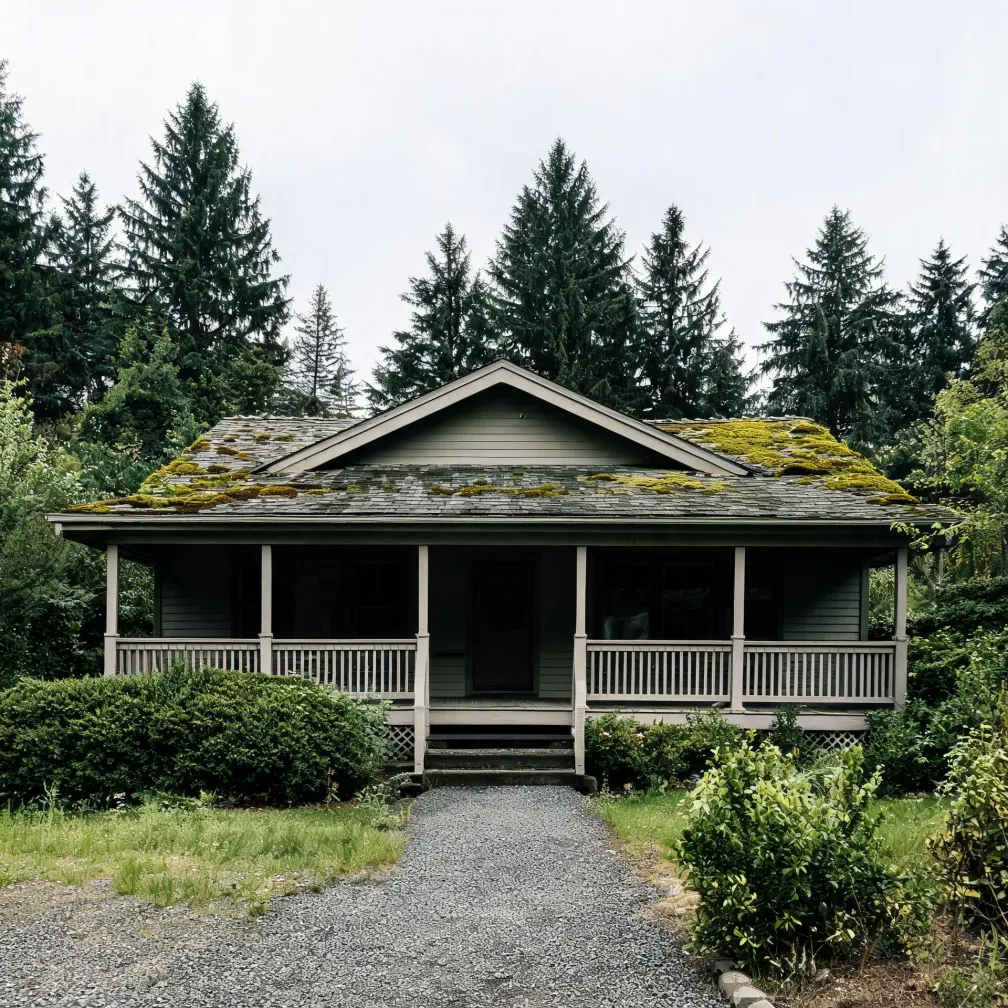 A single-story green wood-sided house with a covered front porch and a moss-covered shingle roof, fronted by a gravel path and shrubs, with tall evergreen trees behind it under an overcast sky.