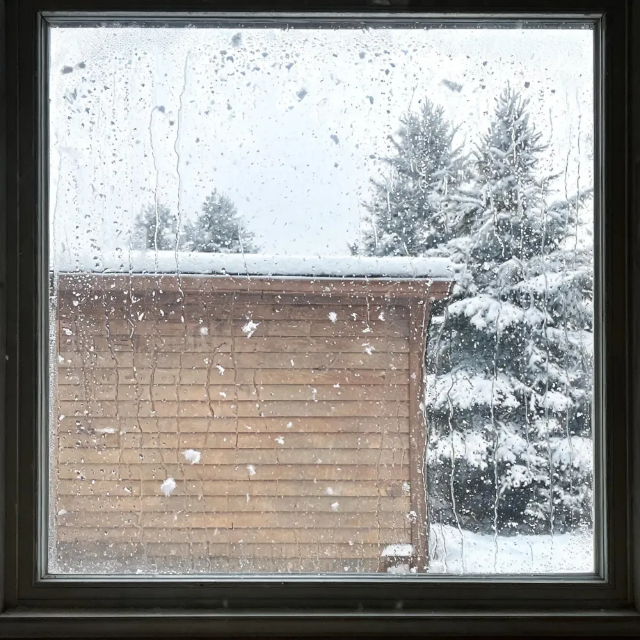 View through a condensation- and droplet-covered window pane of a snow-covered wood-sided building roof and snow-laden evergreen trees under an overcast sky.