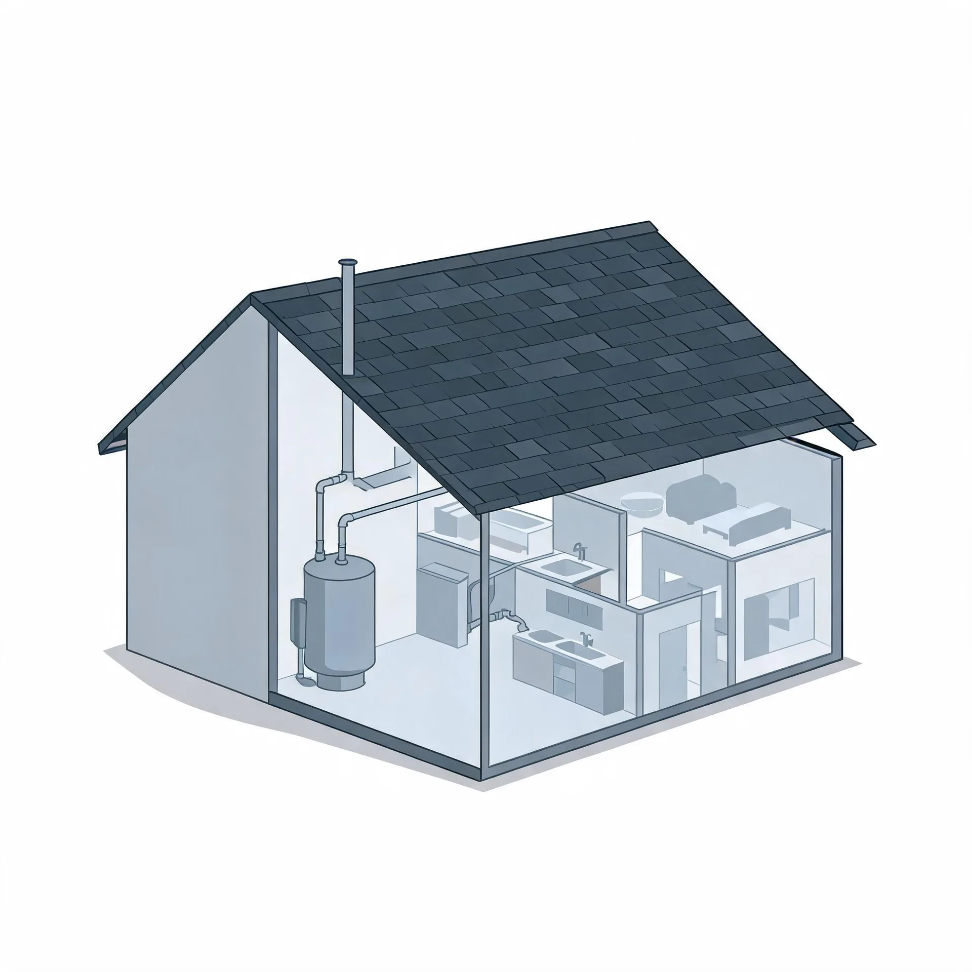 Isometric cutaway illustration of a small single-story house with a dark shingled roof, showing interior rooms with a water heater and vent pipe, kitchen counters and sinks, a bathroom, and a bedroom, on a white background.