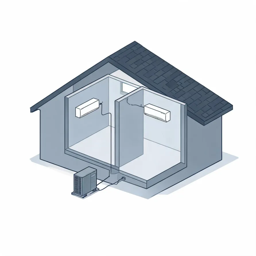 Isometric line illustration of a cutaway house with two rooms, each with a wall-mounted indoor air conditioning unit connected by lines to an outdoor condenser unit on the ground outside.
