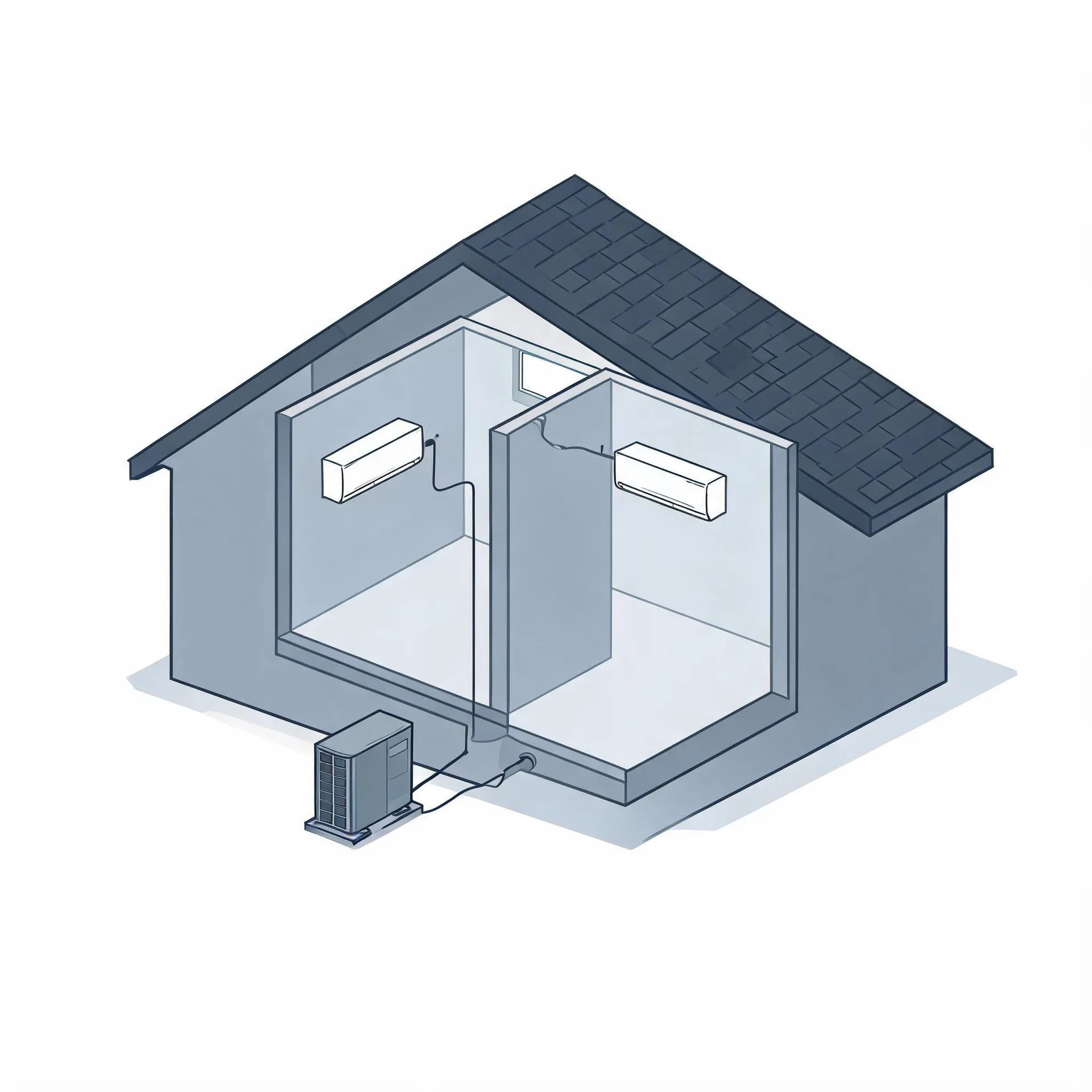 Isometric line illustration of a cutaway house with two rooms, each with a wall-mounted indoor air conditioning unit connected by lines to an outdoor condenser unit on the ground outside.