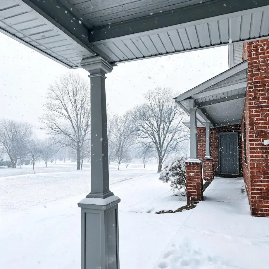 View from under a covered porch with a gray square column toward a snow-covered lawn and bare trees, with a red brick house wall and dark door at right during falling snow.