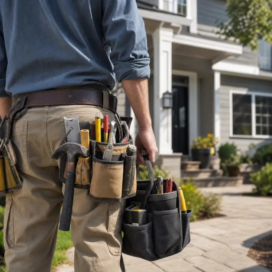 A person seen from behind wearing a blue shirt, khaki pants and a leather tool belt with a hammer and hand tools, carrying a canvas tool bag while facing a light gray sided house with a white porch column and dark front door.