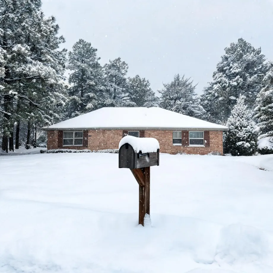 A snow-covered mailbox on a wooden post stands in a deep snowy yard in front of a single-story brick house with a snow-laden roof, surrounded by snow-covered pine trees under falling snow.