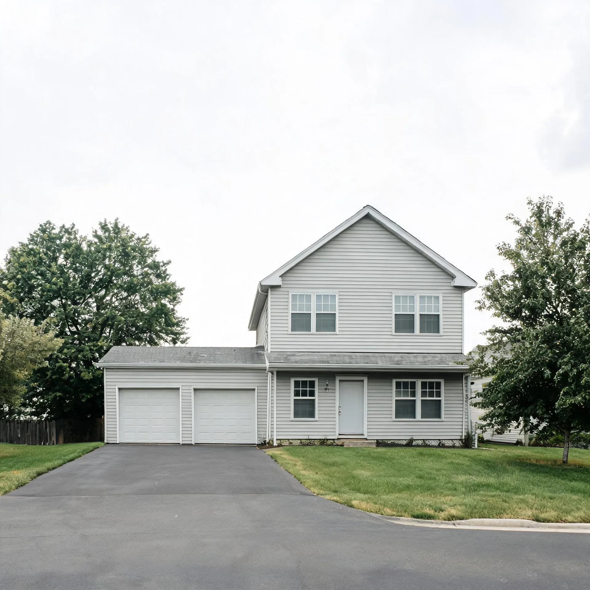 Two-story house with light gray horizontal siding, a two-car garage with white doors, a white front door, and an asphalt driveway, flanked by green lawn and deciduous trees under an overcast sky.