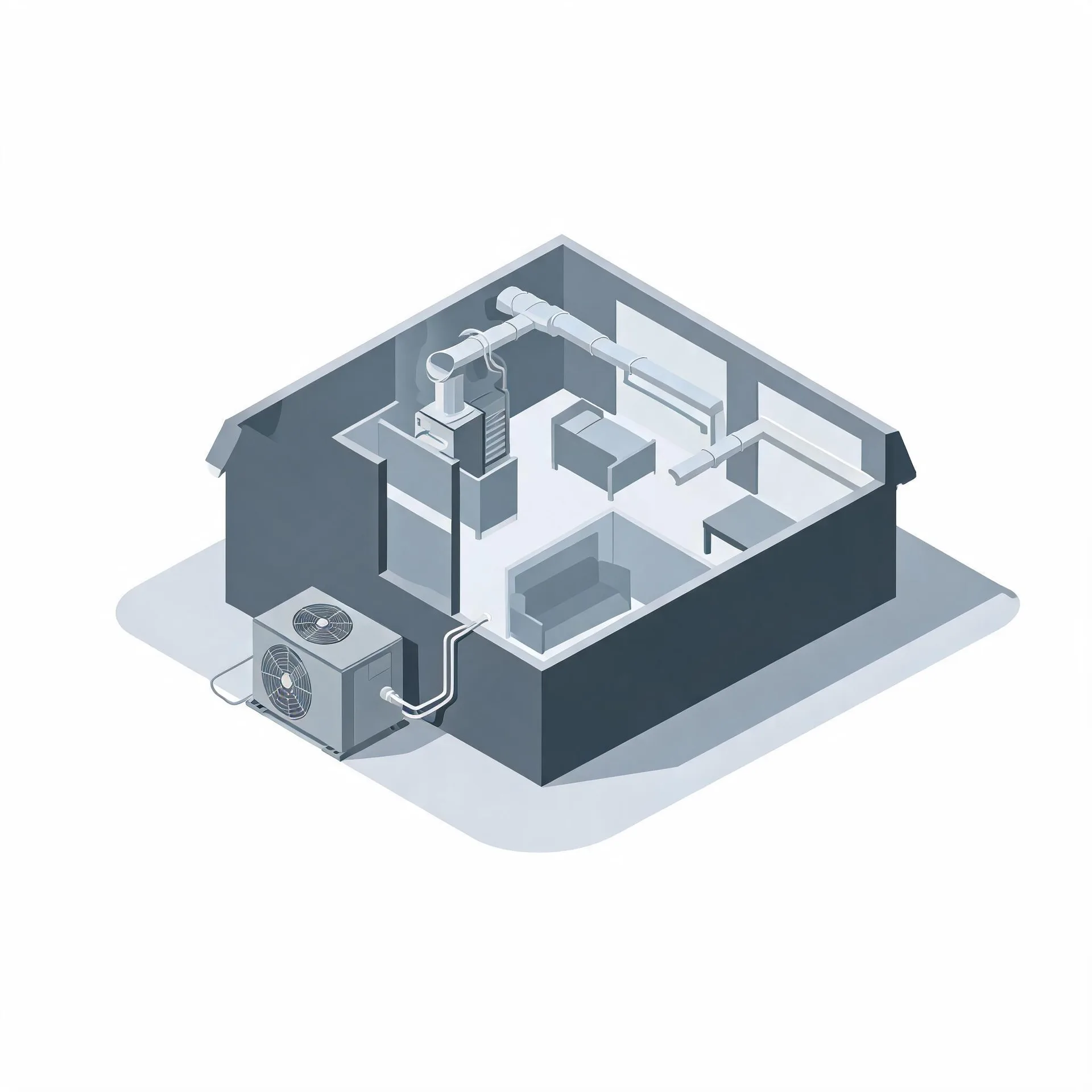 Isometric grayscale illustration of a cutaway house interior showing a furnace with ductwork, interior rooms with furniture, and an outdoor condenser unit connected by lines at the exterior wall.