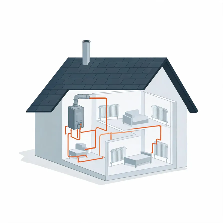 Cutaway illustration of a two-story house showing a wall-mounted boiler with a flue to a roof chimney and orange pipes running to radiators in rooms on both floors.