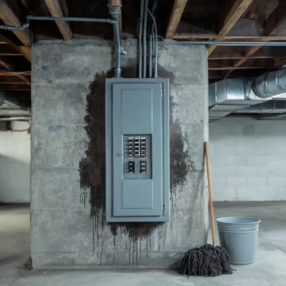 A gray electrical breaker panel mounted on a stained concrete basement wall, with conduit and pipes running to exposed floor joists above, and a mop and plastic bucket on the floor to the right.