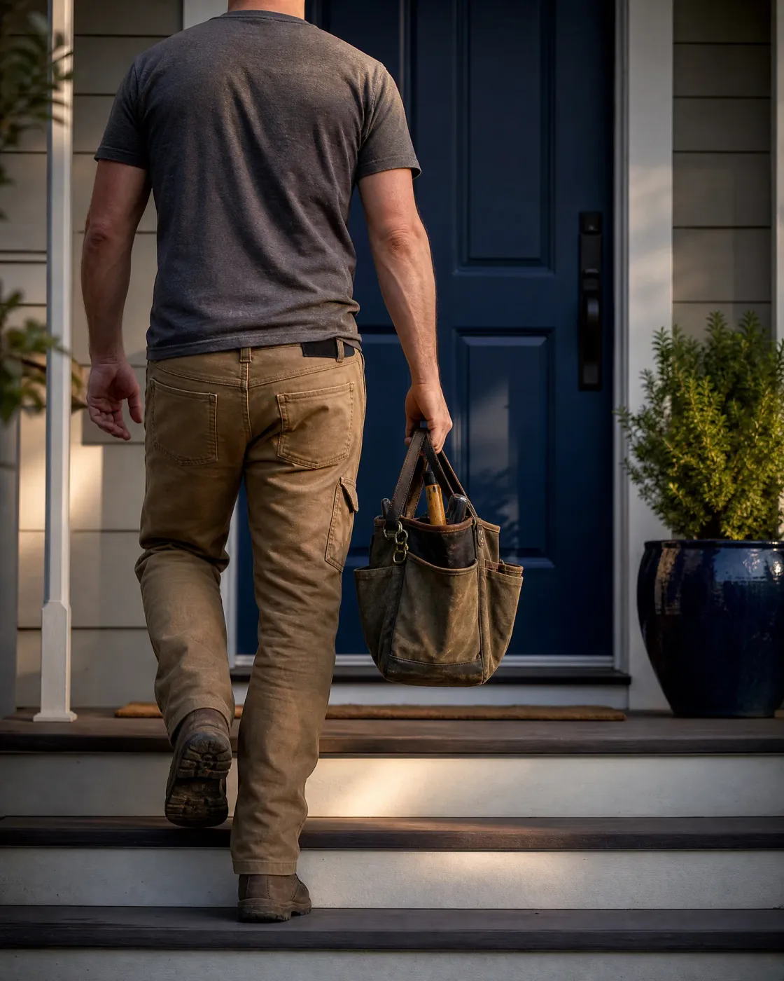 A man in a gray t-shirt and tan work pants, seen from behind, climbs concrete steps toward a dark blue front door while carrying a canvas tool bag, with a potted shrub beside the entry.
