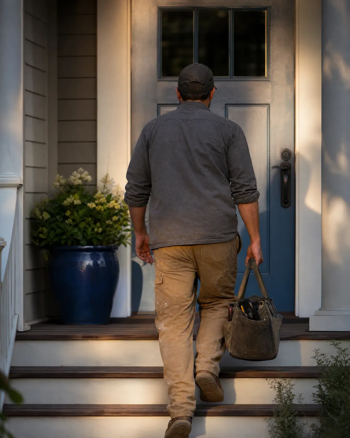 A man in a cap, gray work shirt and tan pants climbs porch steps toward a blue front door, carrying a canvas tool bag, with a blue ceramic planter of white flowers beside him.
