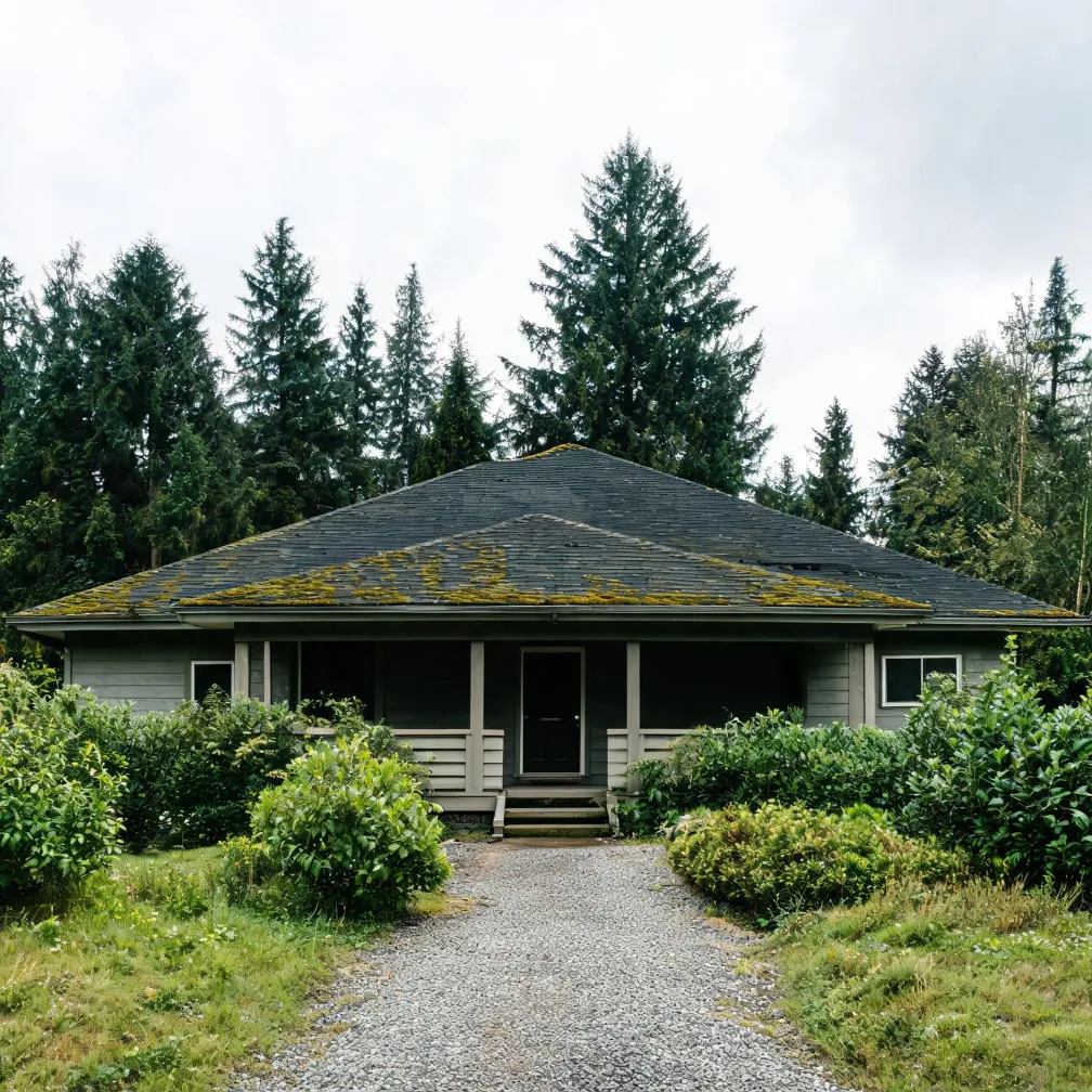 A single-story house with gray wood siding, a covered porch, and a moss-covered hipped roof, at the end of a gravel driveway flanked by green shrubs, with tall conifers behind it under an overcast sky.