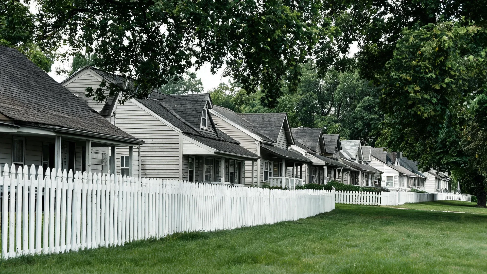 A row of similar single-story houses with gray shingled roofs and light siding behind a white picket fence, with mown grass in the foreground and leafy trees above.