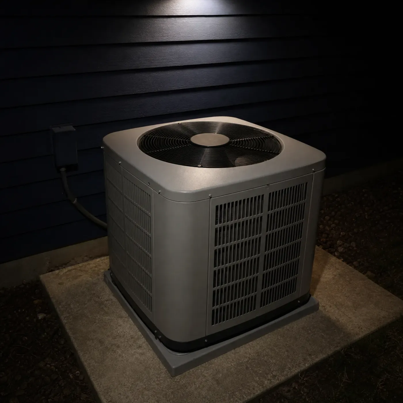 An outdoor air conditioning condenser unit on a concrete pad at night, lit from above, beside a dark horizontal lap-sided wall with an electrical disconnect box and conduit, with gravel on the ground.