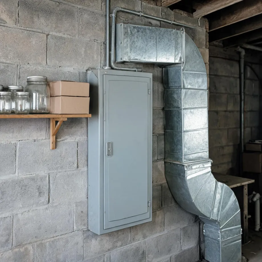 Interior concrete block basement wall with a gray electrical panel box, galvanized sheet metal ductwork running along the wall, conduit piping, and a wooden shelf holding glass jars and cardboard boxes.
