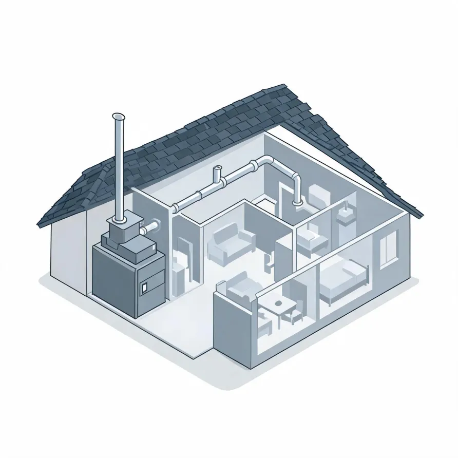 Isometric cutaway illustration of a single-story house showing interior rooms with furniture, ceiling ductwork, and a large furnace unit with a tall flue pipe in a corner room.