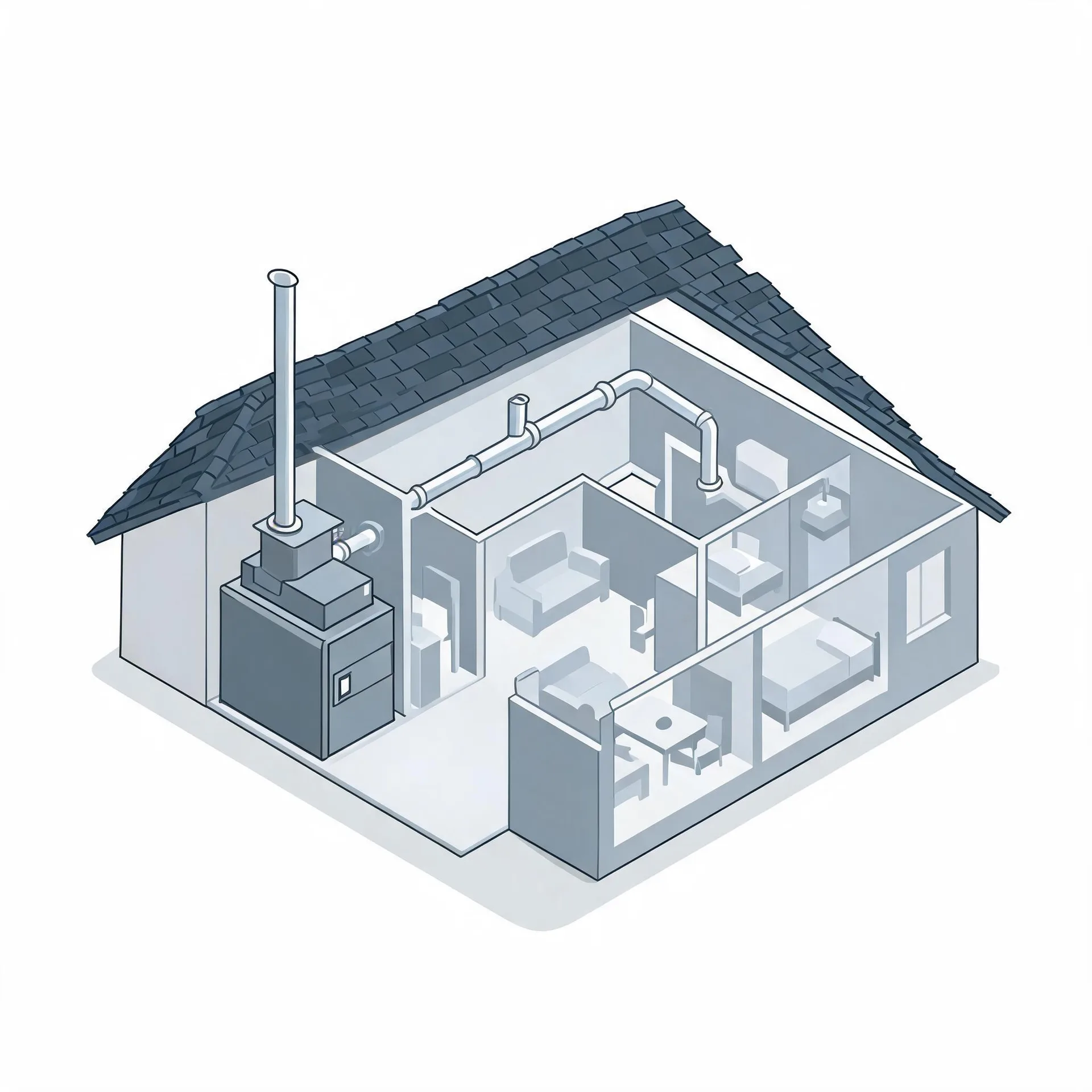 Isometric cutaway illustration of a single-story house showing interior rooms with furniture, ceiling ductwork, and a large furnace unit with a tall flue pipe in a corner room.
