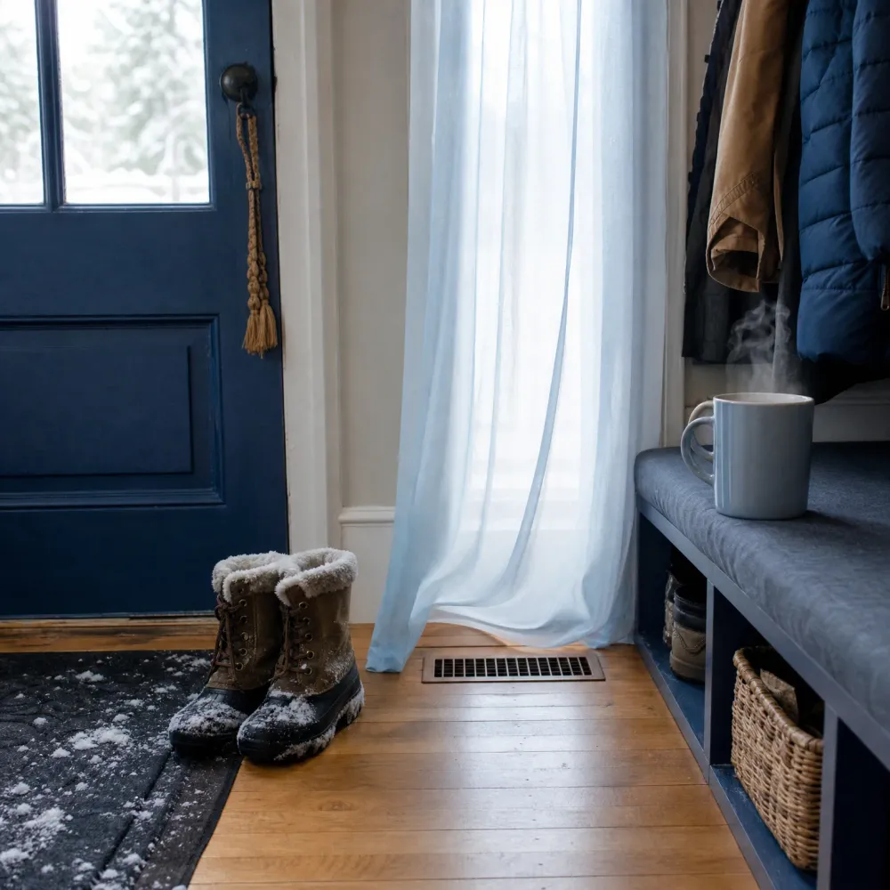 Entryway with a navy door, snow-dusted boots on a dark mat, a floor vent in wood flooring, a sheer curtain, and a steaming mug on a cushioned bench with a basket beneath and coats hanging above.