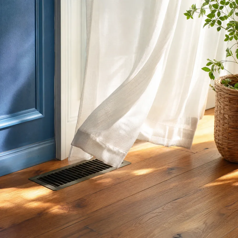 A metal floor vent set into a hardwood floor beside a white sheer curtain, white trim and blue wall, with a potted plant in a woven basket at right in sunlight.