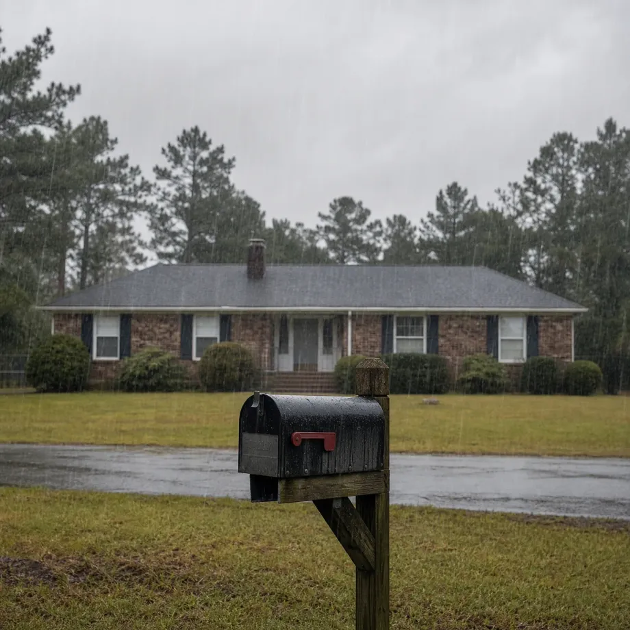 A black mailbox with a red flag on a wooden post stands beside a wet road in front of a single-story brick ranch house, with pine trees and an overcast sky behind it during rainfall.
