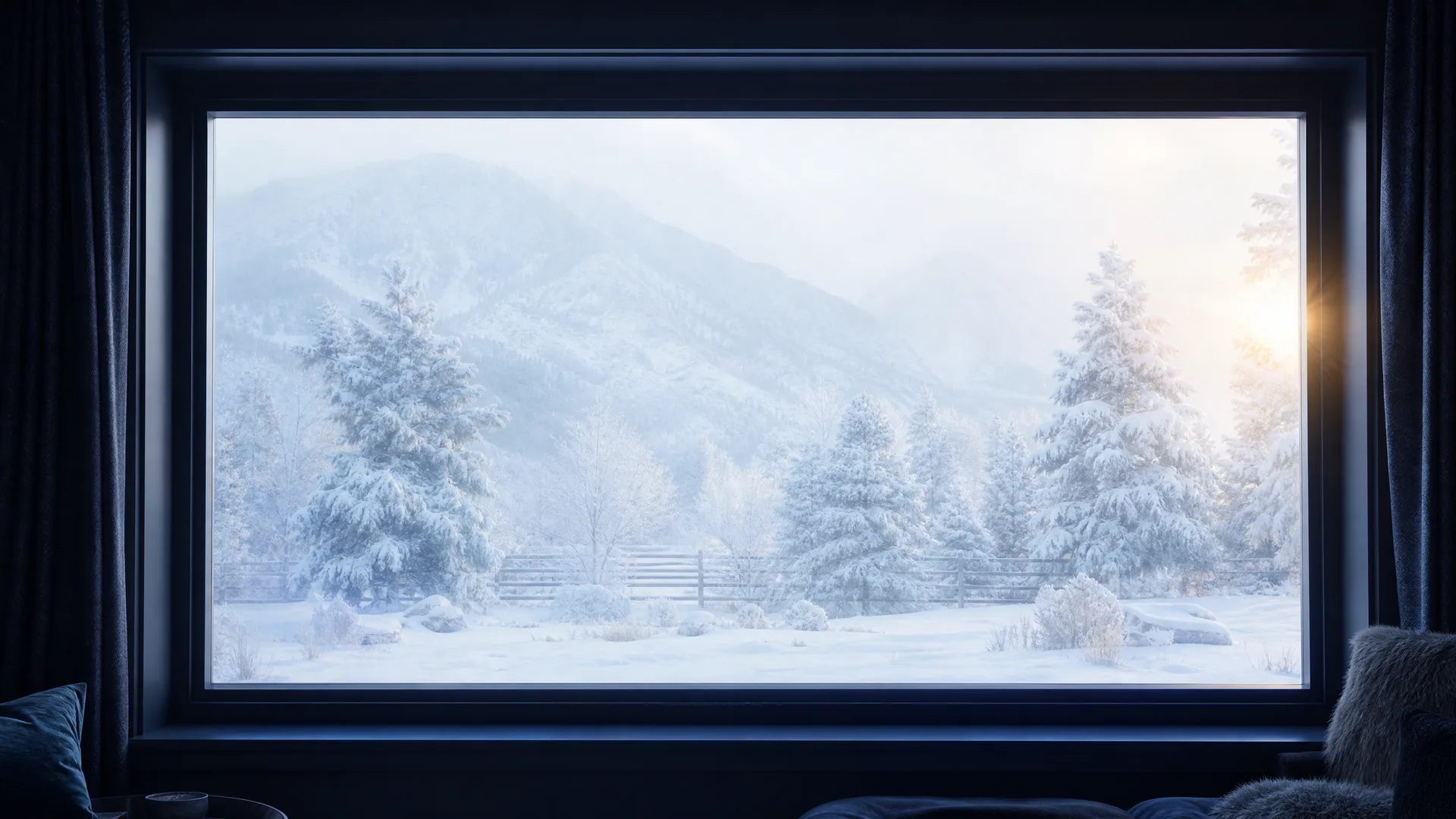 View from a dark interior through a large picture window onto a bright snow-covered landscape with frosted conifers, a wooden fence and hazy mountains, with a cushion and fur-covered chair in the dim foreground.