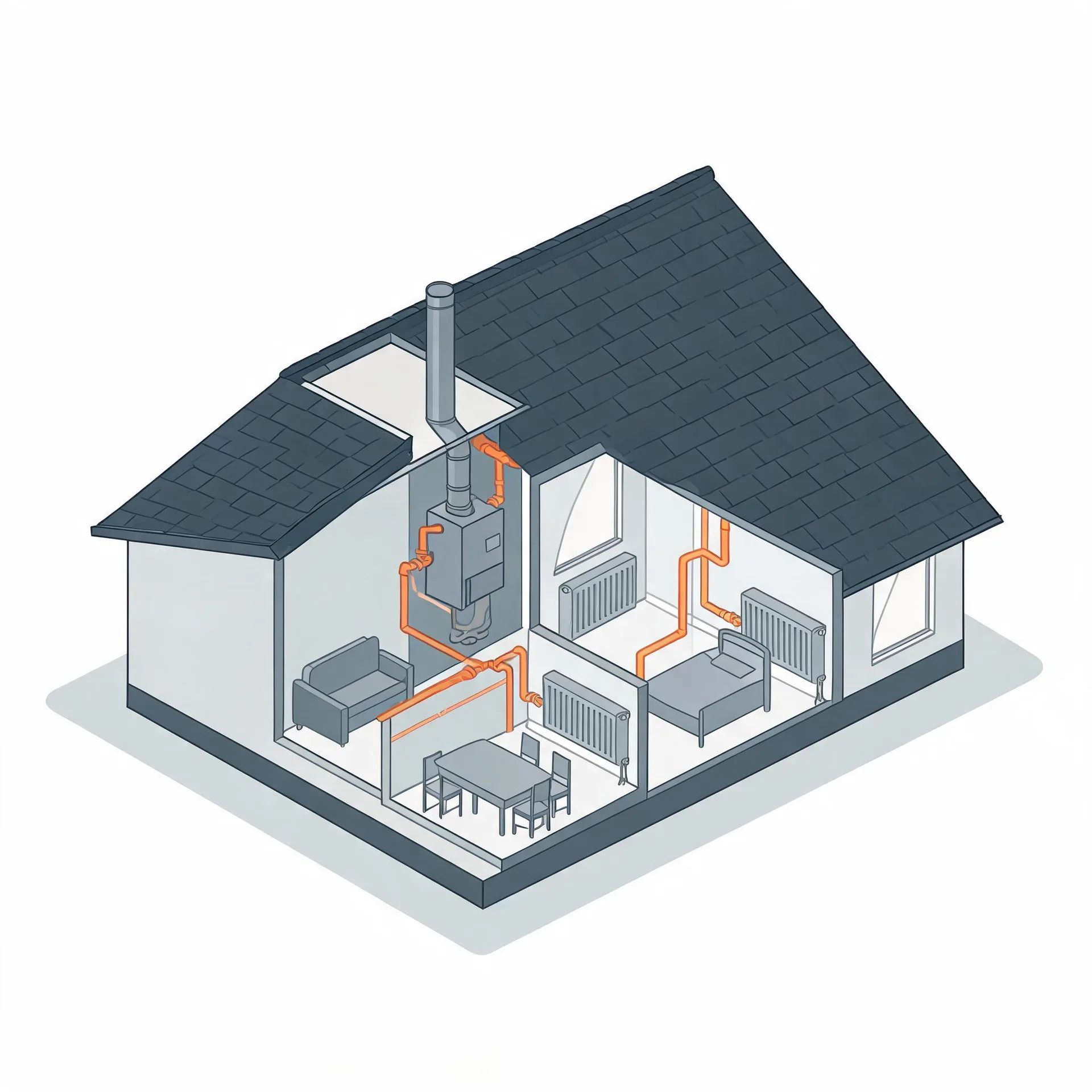 Isometric cutaway illustration of a single-storey house showing a wall-mounted boiler with a flue and orange pipes connecting to radiators in rooms furnished with a sofa, table, chairs and a bed.