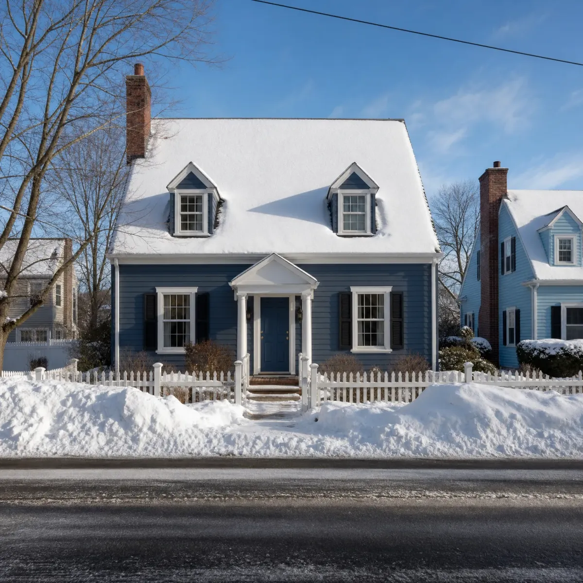 A blue clapboard house with two dormers, a brick chimney, black shutters and a white picket fence, with snow on the roof and piled along the road in front.