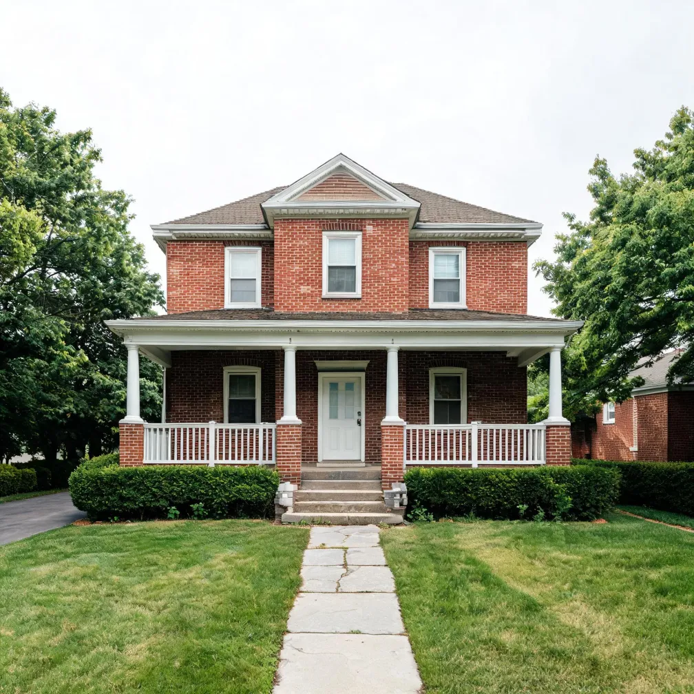 A two-story red brick house with a white columned front porch, white-framed windows and a white front door, fronted by a mown lawn, trimmed hedges and a stone walkway, with leafy trees on both sides under an overcast sky.