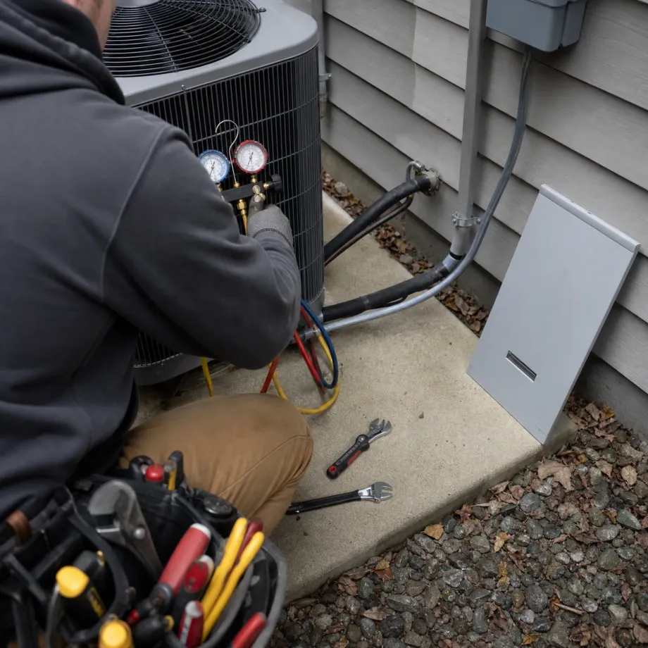 A person in a gray hooded sweatshirt kneels beside an outdoor air conditioner condenser with a refrigerant manifold gauge set attached, with wrenches on the concrete pad and a tool pouch in the foreground.