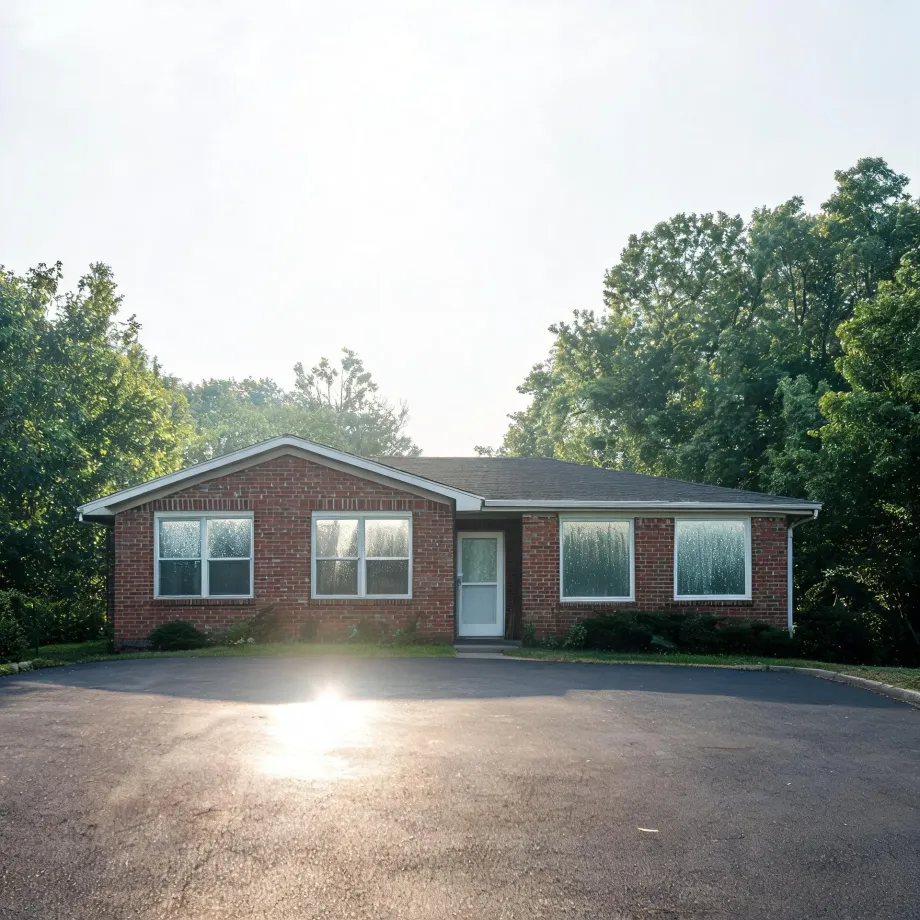 A single-story red brick ranch house with white-framed windows and a white storm door, fronted by a large asphalt parking area and backed by leafy green trees under a bright hazy sky.