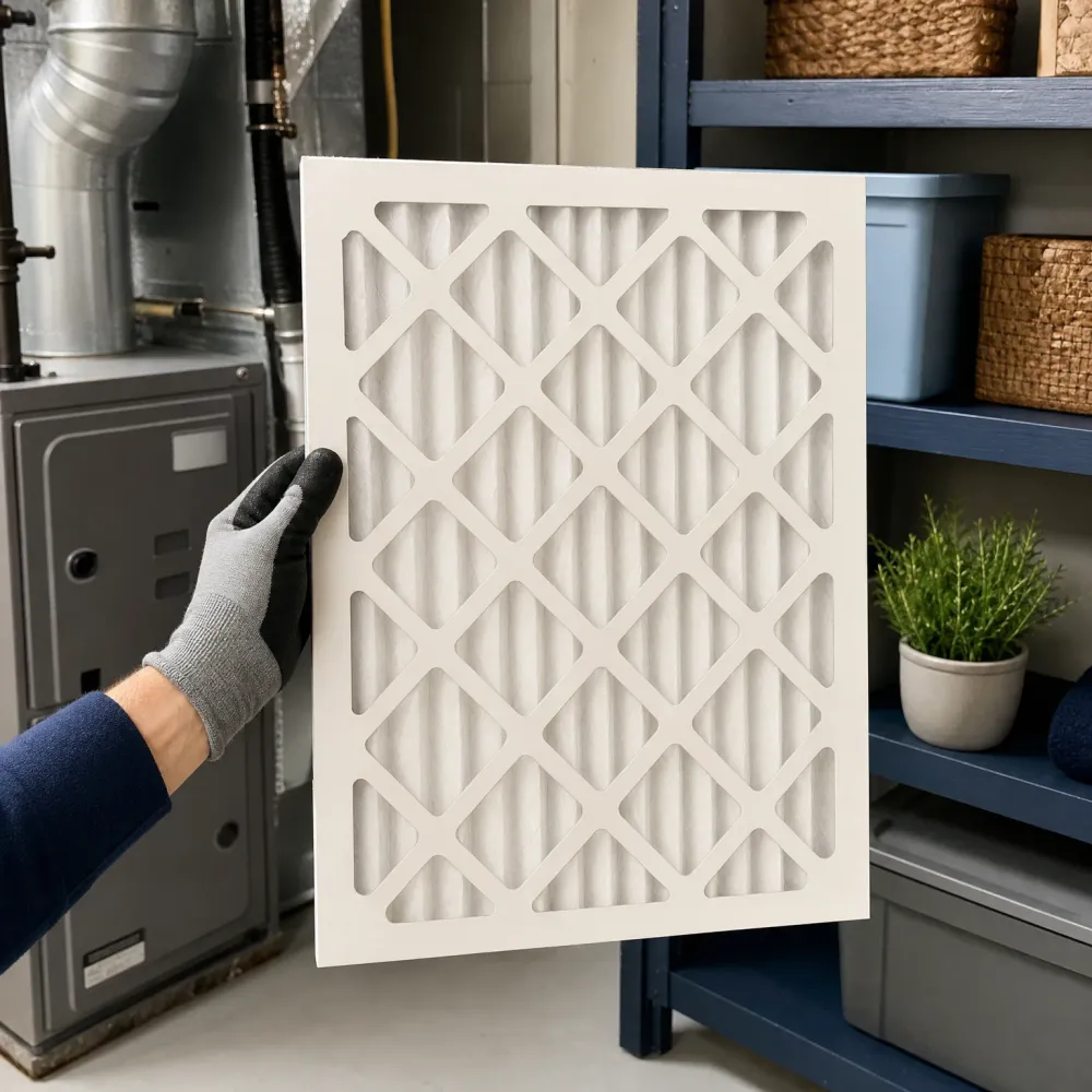 A gloved hand holds a pleated air filter in front of a furnace and ductwork, next to blue shelving with baskets, a bin, and a small potted plant.