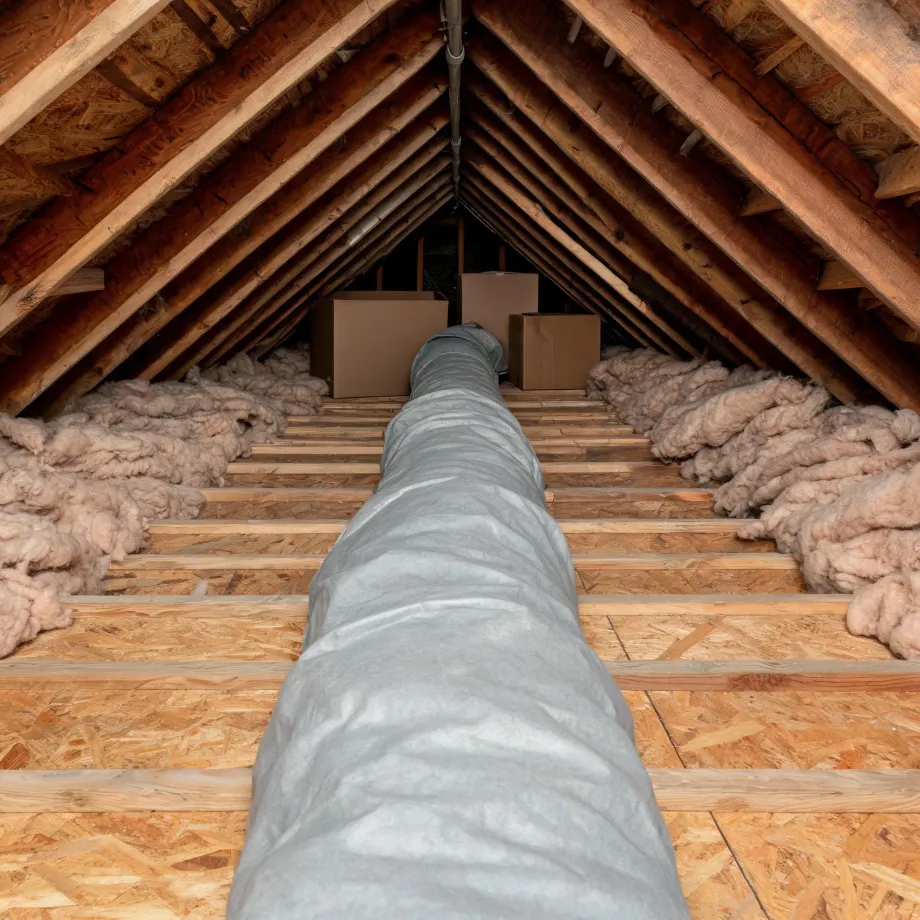 Attic interior with exposed wood rafters, OSB plank flooring, batts of loose insulation along the eaves, cardboard boxes at the far end, and a long insulated flexible duct running down the center.