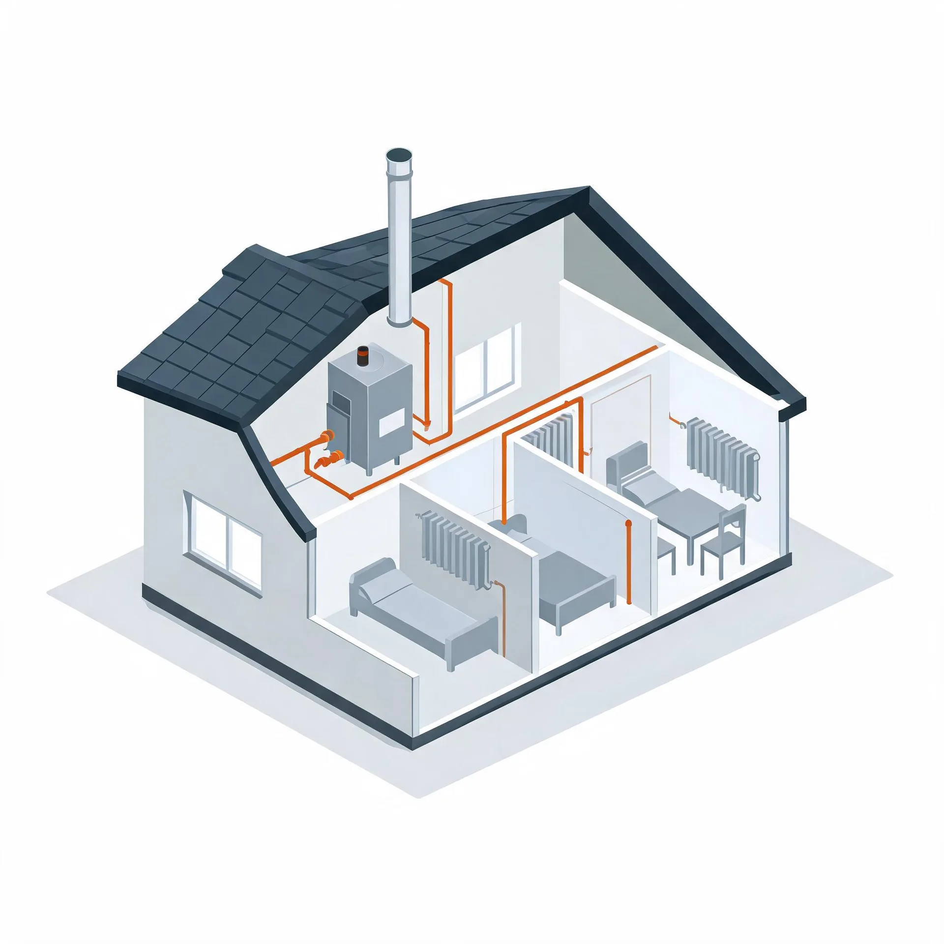 Isometric cutaway illustration of a single-family house showing a boiler with a flue pipe and orange pipework running to radiators in furnished rooms.
