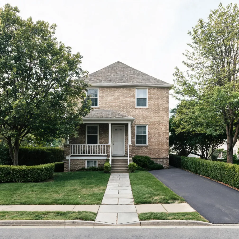 A two-story light brick house with a covered front porch, white door, and hipped roof, fronted by a lawn, concrete paver walkway, trimmed hedges, an asphalt driveway on the right, and large deciduous trees on both sides.