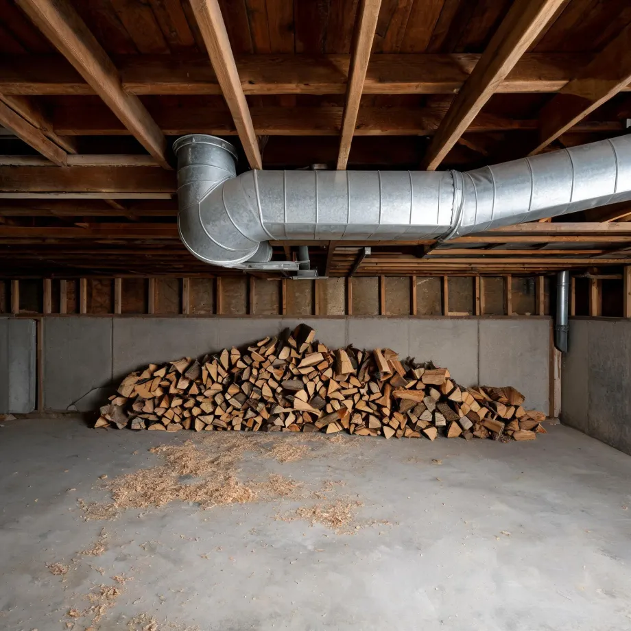 Unfinished basement with exposed wood joists, a large galvanized metal duct running along the ceiling, a stacked pile of split firewood against a concrete block wall, and sawdust scattered on the concrete floor.