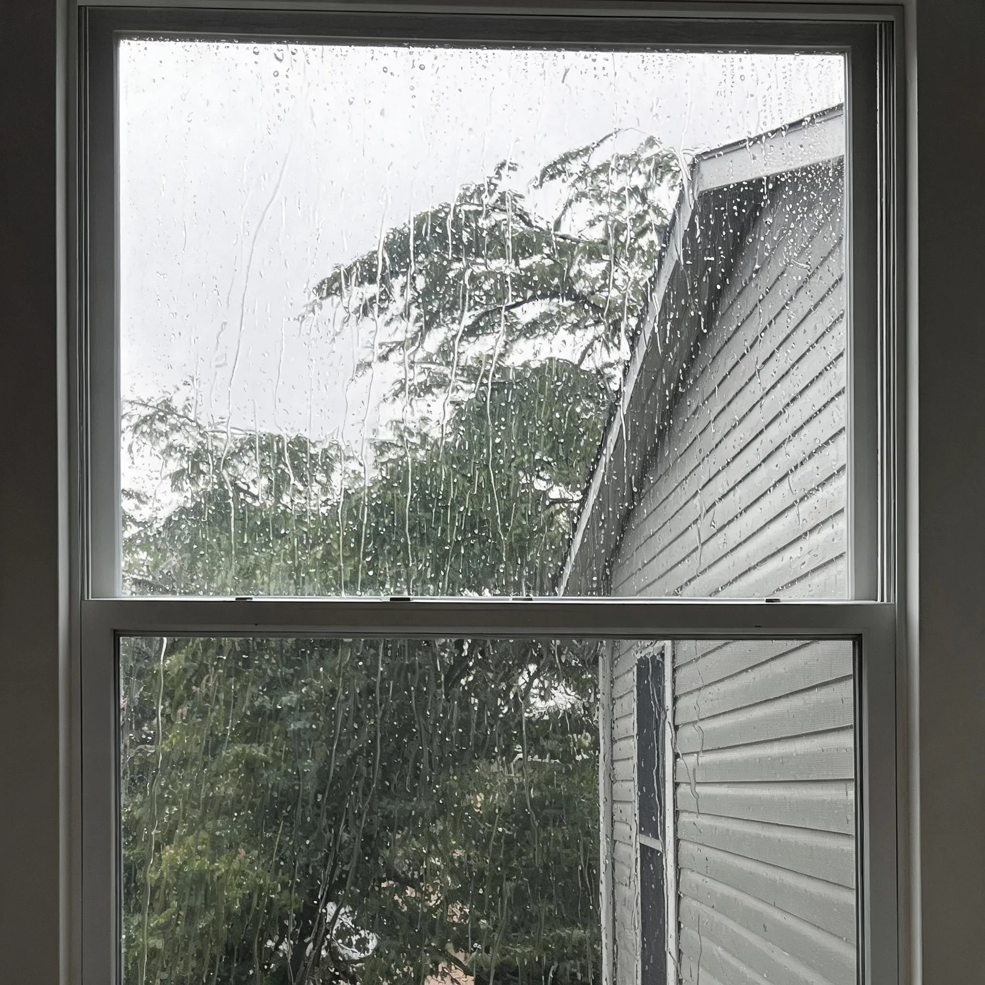 View through a rain-streaked double-hung window of green trees and the gray horizontal vinyl siding and roof edge of an adjacent building under an overcast sky.