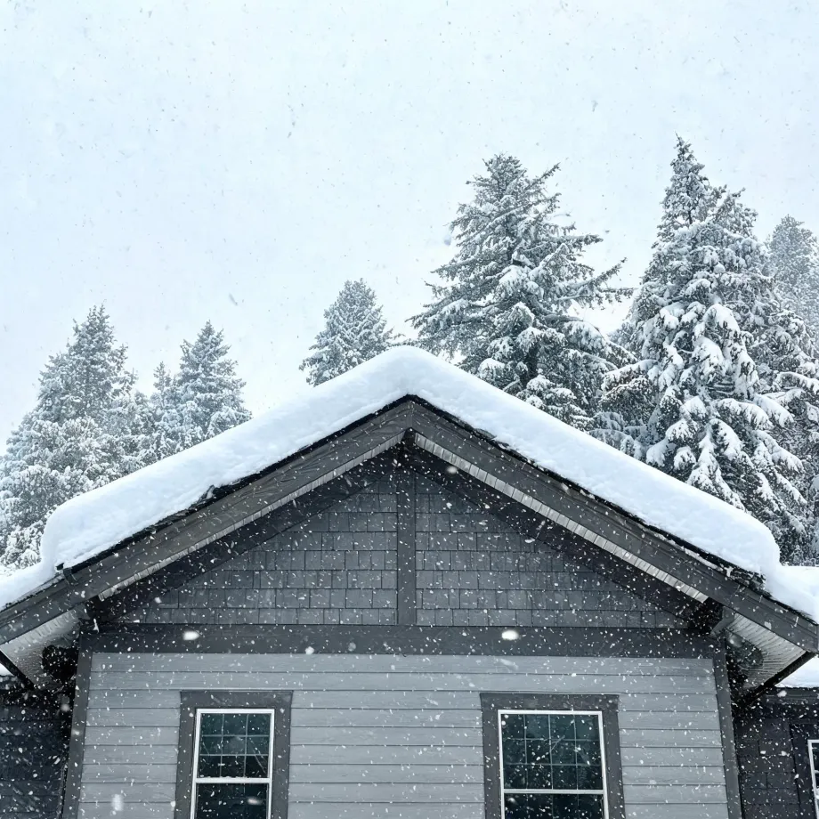 The gable end of a gray-sided house with a thick layer of snow on its roof, with snow-covered conifers behind and snowflakes falling.