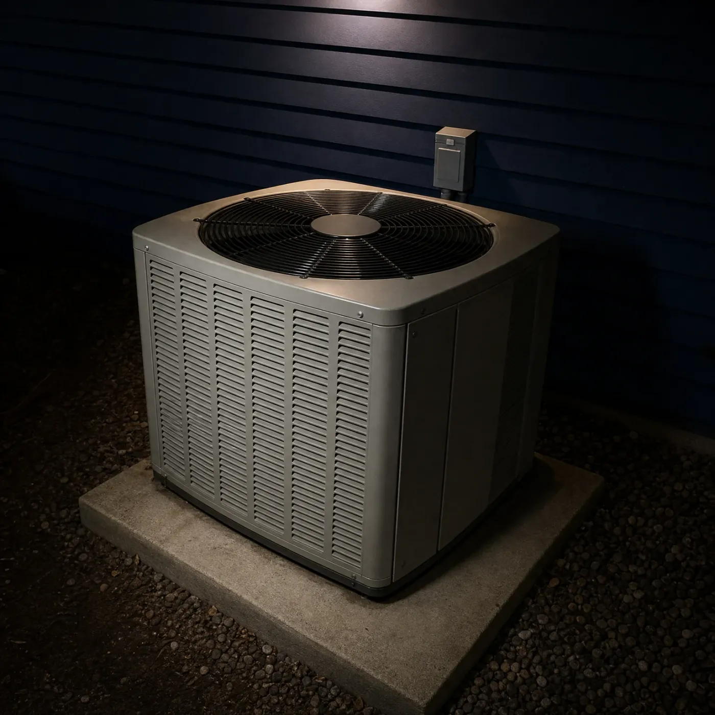 An outdoor air conditioning condenser unit with a top-mounted fan grille sits on a concrete pad surrounded by gravel, beside a dark horizontal-lap sided wall with a small electrical disconnect box.