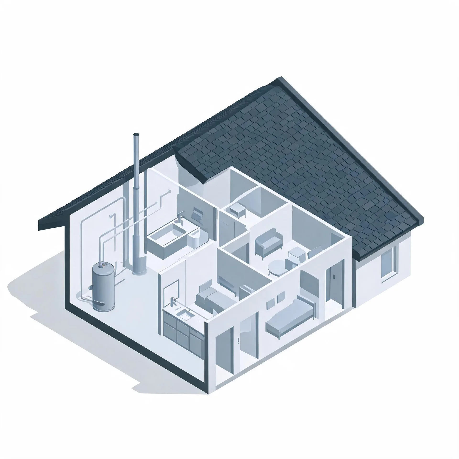 Isometric cutaway illustration of a single-story house with a dark shingled roof, showing interior rooms with beds, seating, kitchen and bathroom fixtures, plus a cylindrical water heater with pipes and a tall vertical flue.