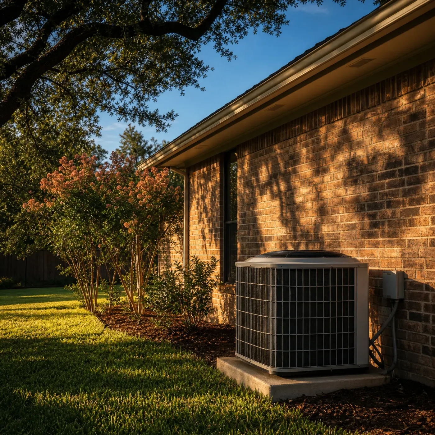 An outdoor air conditioning condenser unit on a concrete pad beside a brick house, with a gray electrical disconnect box on the wall, flowering shrubs, a lawn, and a large tree in low sunlight.