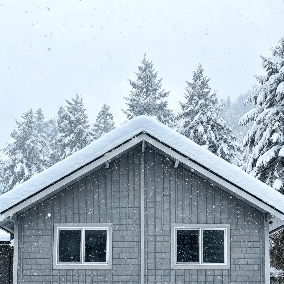 Gable end of a gray shingled and board-sided house with two white-framed windows, its roof covered in snow, with snow-laden conifers behind it and falling snowflakes.