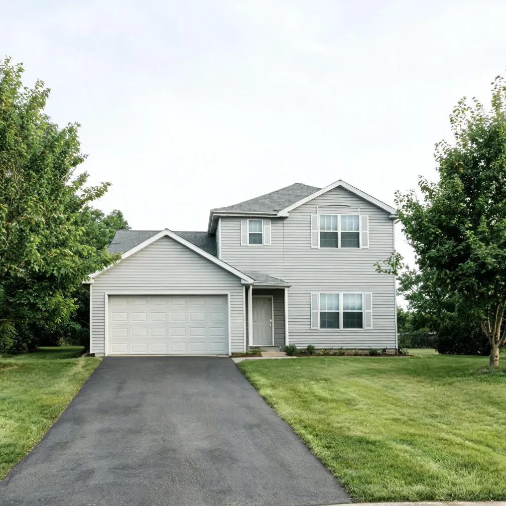 A two-story light gray vinyl-sided house with an attached two-car garage, white door and windows, an asphalt driveway leading to it, mowed lawn, and deciduous trees on both sides under an overcast sky.