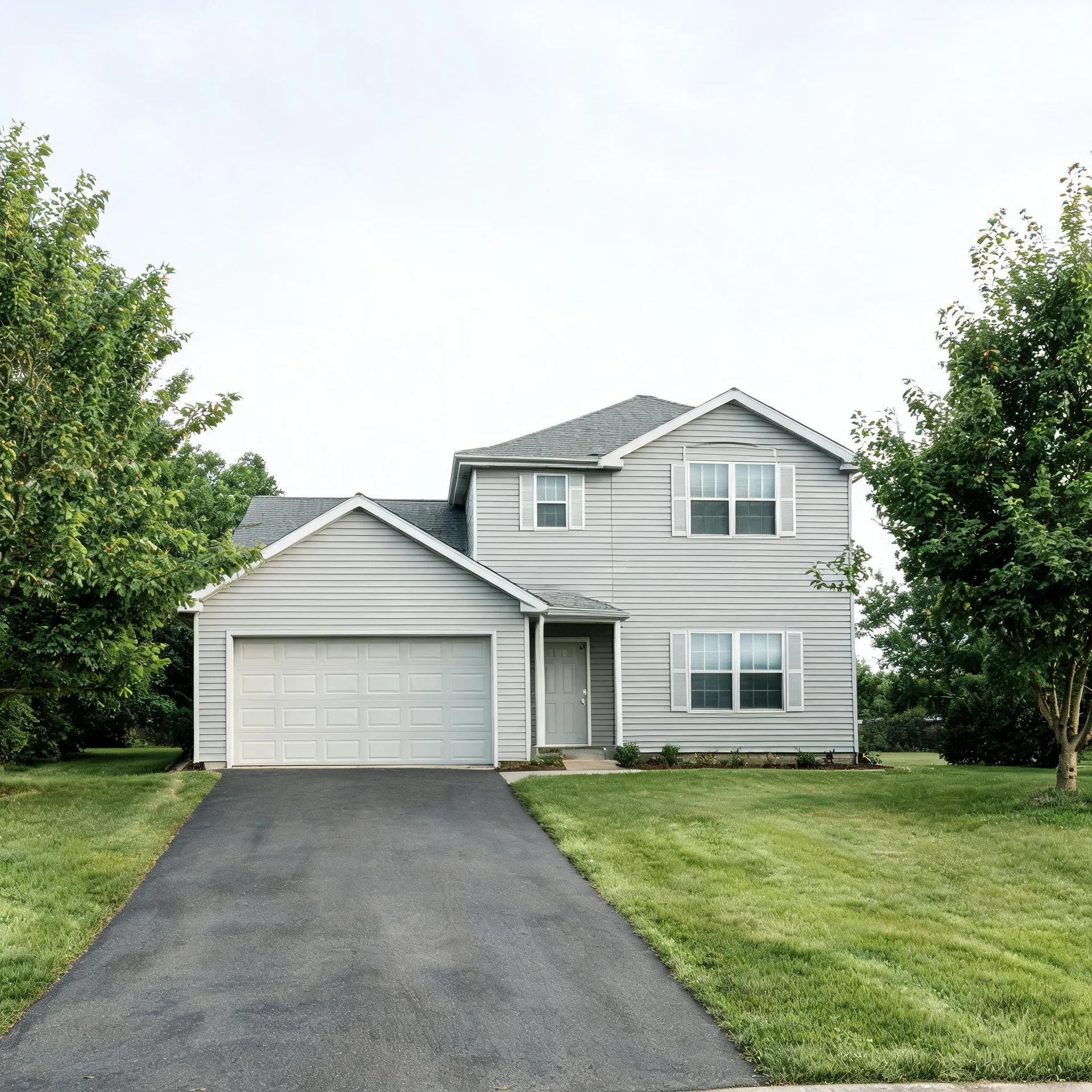 A two-story light gray vinyl-sided house with an attached two-car garage, white door and windows, an asphalt driveway leading to it, mowed lawn, and deciduous trees on both sides under an overcast sky.