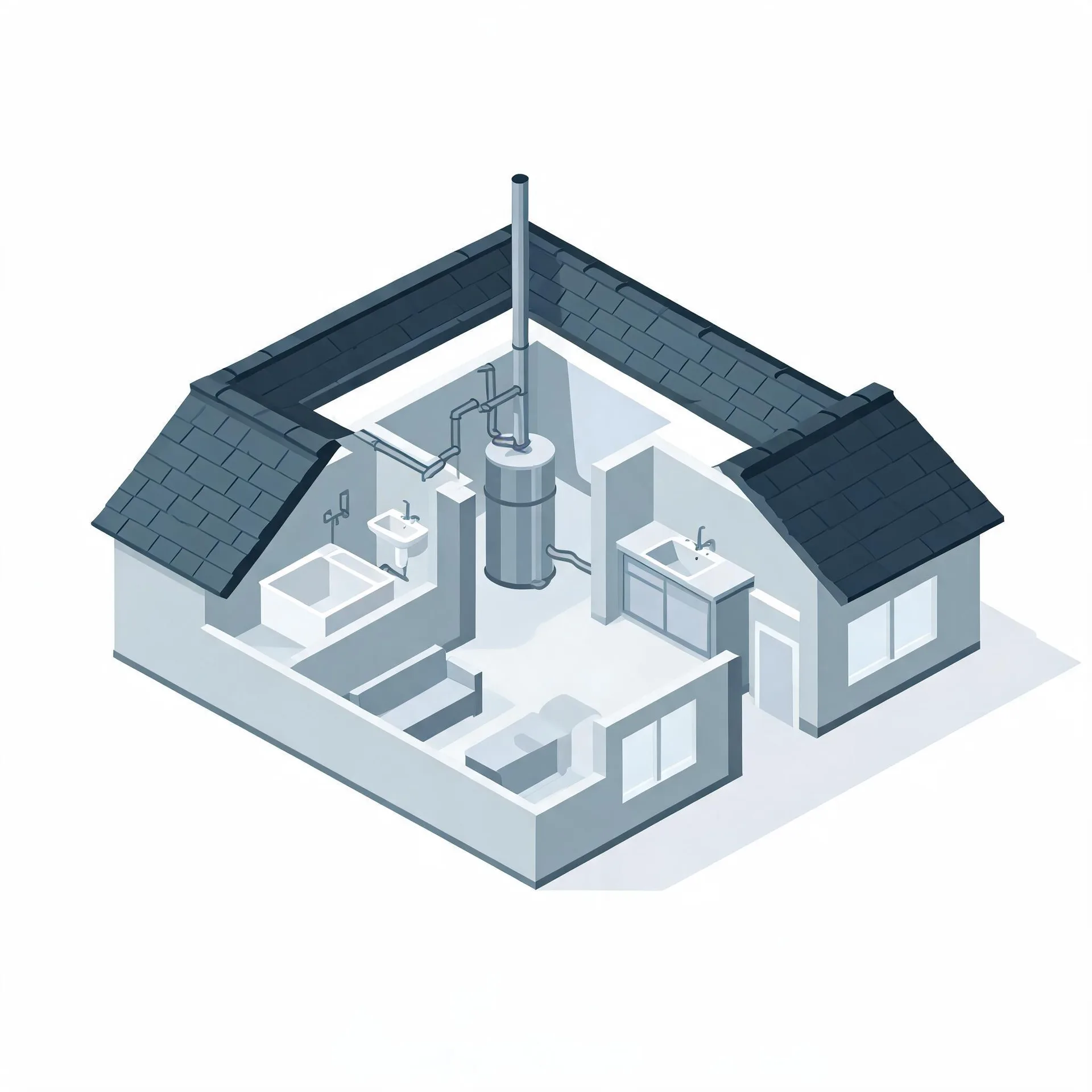 Isometric cutaway illustration of a small house showing an interior with a cylindrical water heater and vent pipe, connecting pipes, a bathtub, two sinks, a toilet and a vanity, with dark shingled roof sections at the sides.