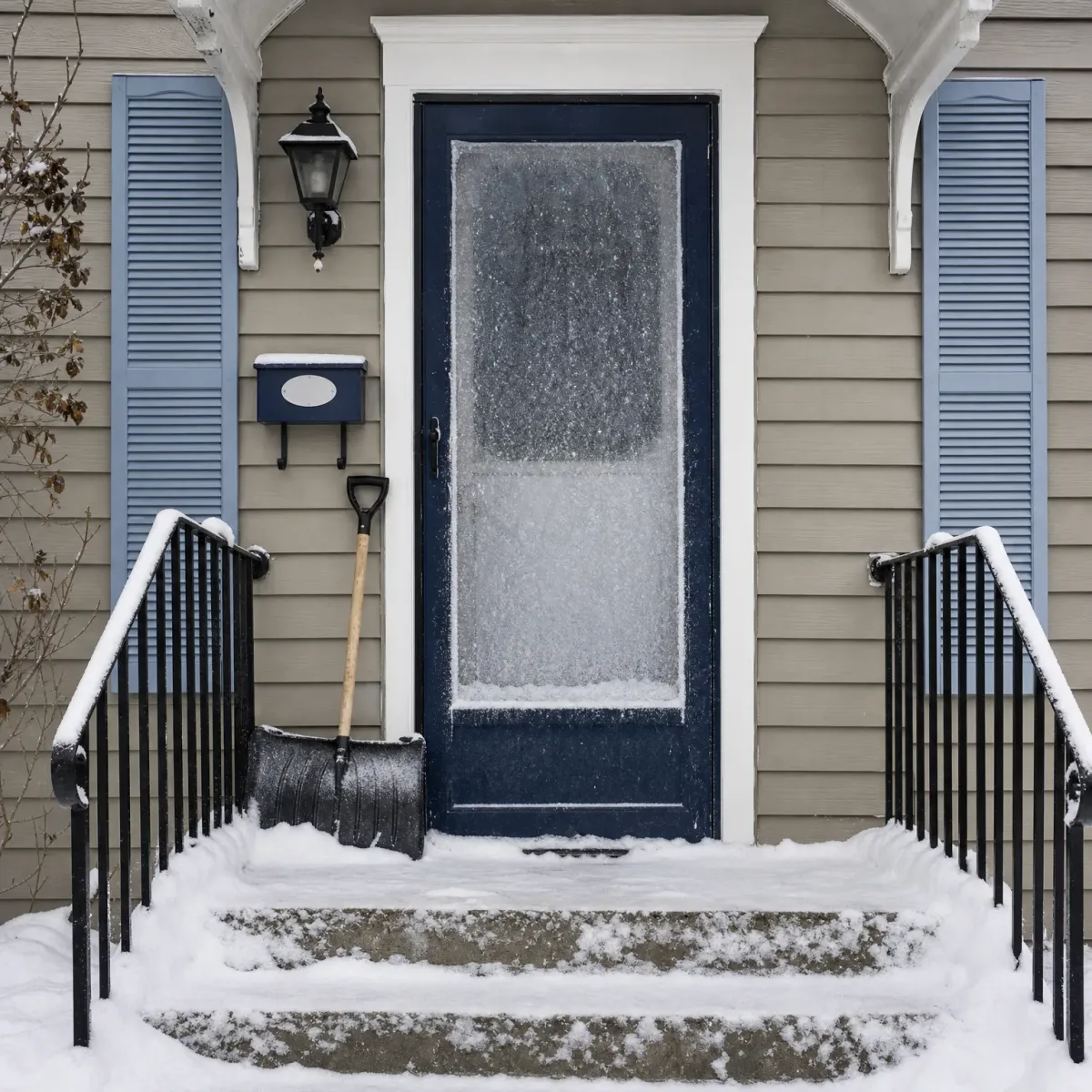 A snow shovel leans beside a dark blue storm door with a frost-covered glass panel on a house with beige siding, light blue shutters, a lantern light and mailbox, above snow-covered concrete steps flanked by black metal railings.