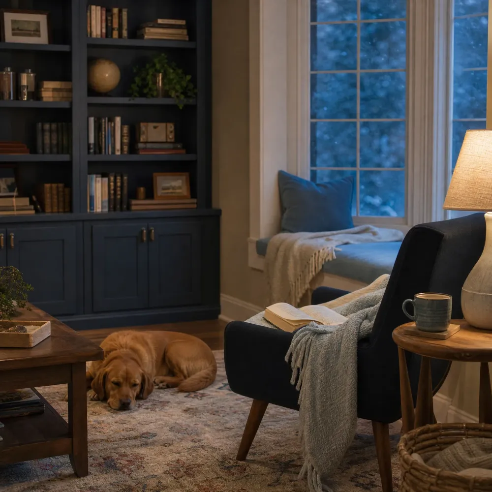 A dimly lit living room with dark blue built-in bookshelves, a navy armchair with a gray throw blanket and open book, a lit table lamp and mug on a wooden side table, a window seat with a blue cushion, and a golden-colored dog sleeping on a patterned rug.