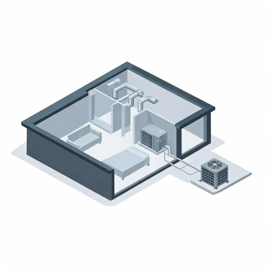 Isometric cutaway illustration of a small home interior with furniture and ducting, showing an indoor air handler connected by lines to an outdoor condenser unit on a pad.