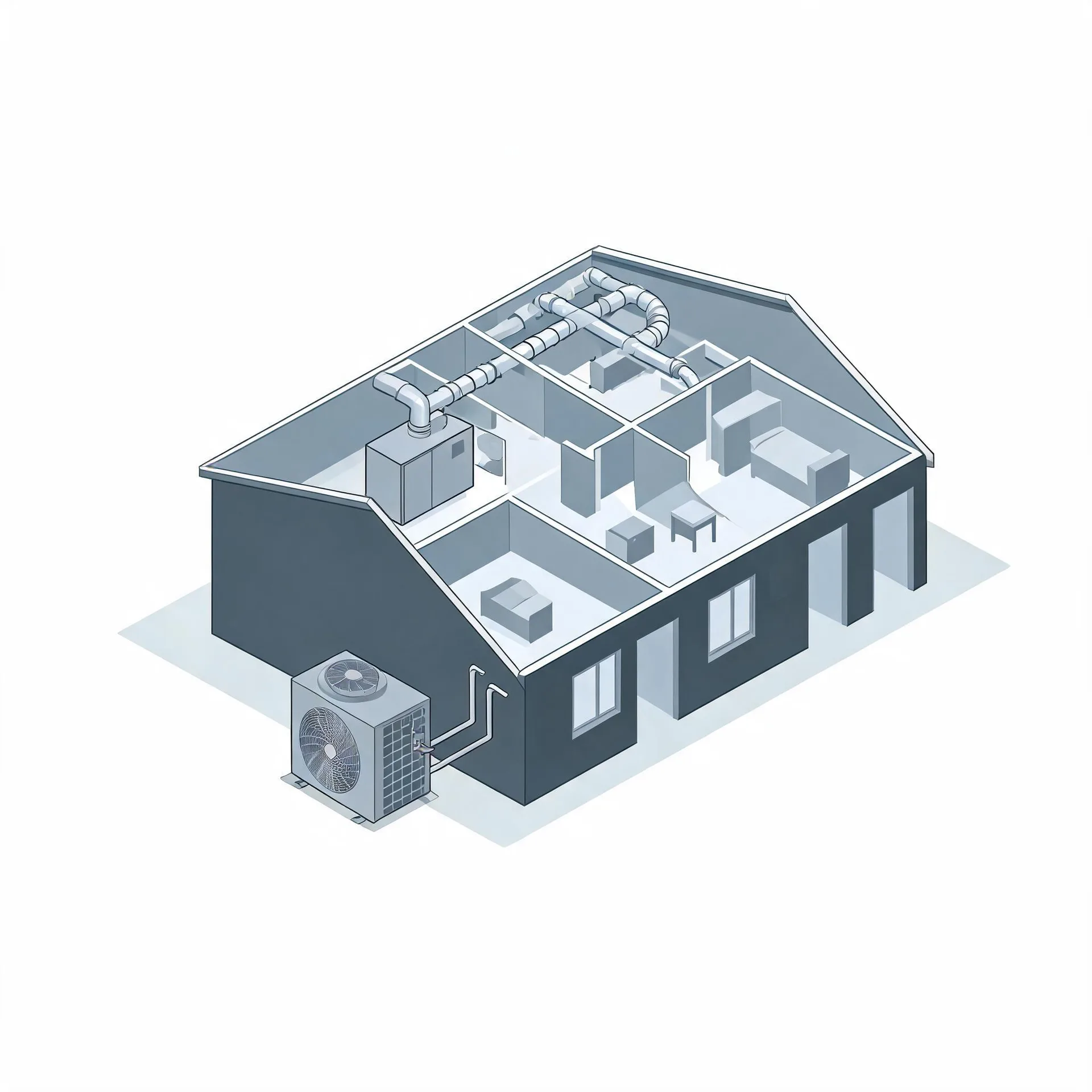 Isometric cutaway illustration of a single-story house showing interior rooms, attic ductwork and an air handler, with an outdoor condenser unit connected by lines along the exterior wall.