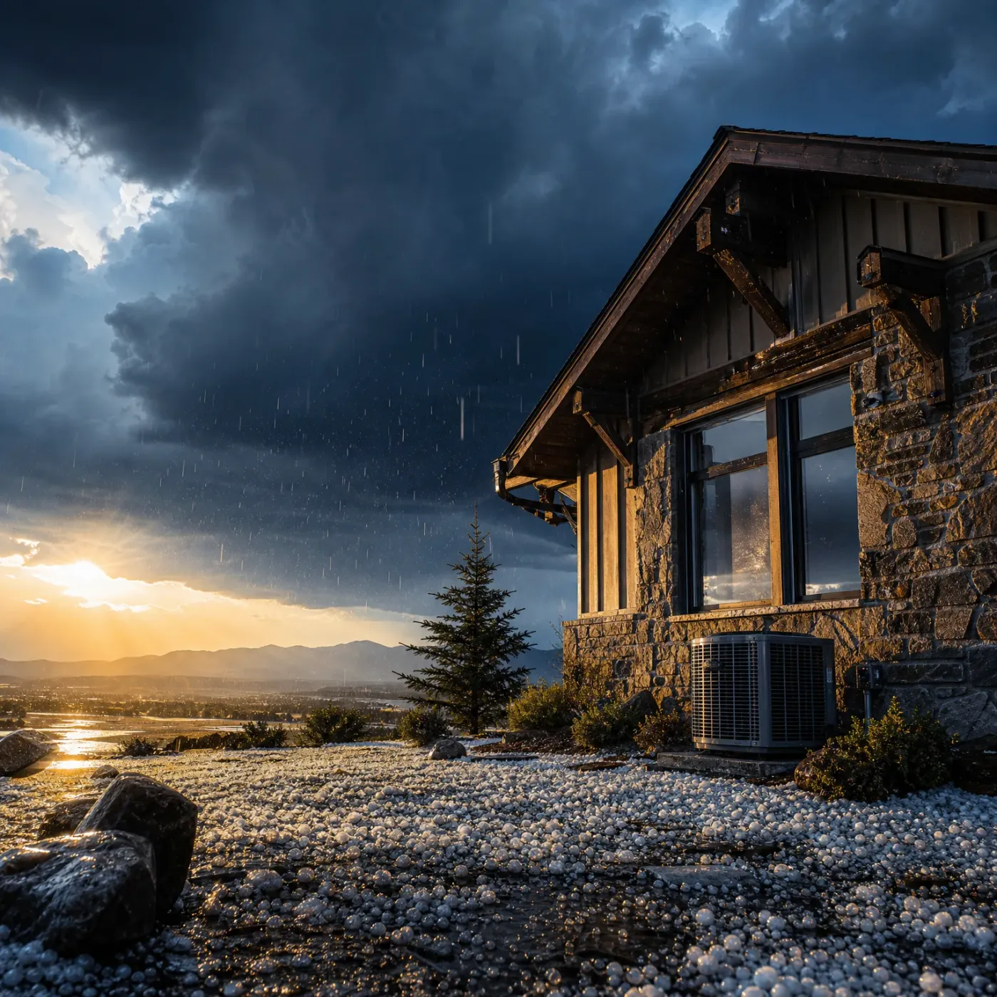 A stone and timber house with large windows and an exterior condenser unit stands on a ridge covered with white hailstones, under dark storm clouds with rain streaks and a low sun breaking through over distant mountains.