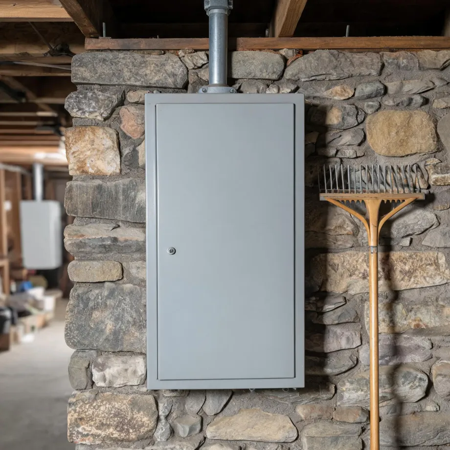 A gray metal cabinet or panel with a lock mounted on a stone wall in a basement, with a metal pipe running to the wooden ceiling joists above and a leaf rake leaning against the wall at right.